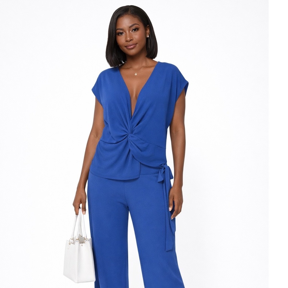 Zara Royal Blue Twist Front Deep V-Neck Asymmetrical Knit Top M Party 102-31